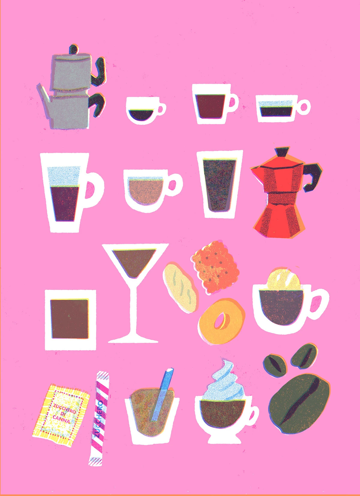 Italian food risograph ILLUSTRATION  italian illustrator Limited Color Palette retro illustration style vintage postcard Retro food illustration Digital Art 