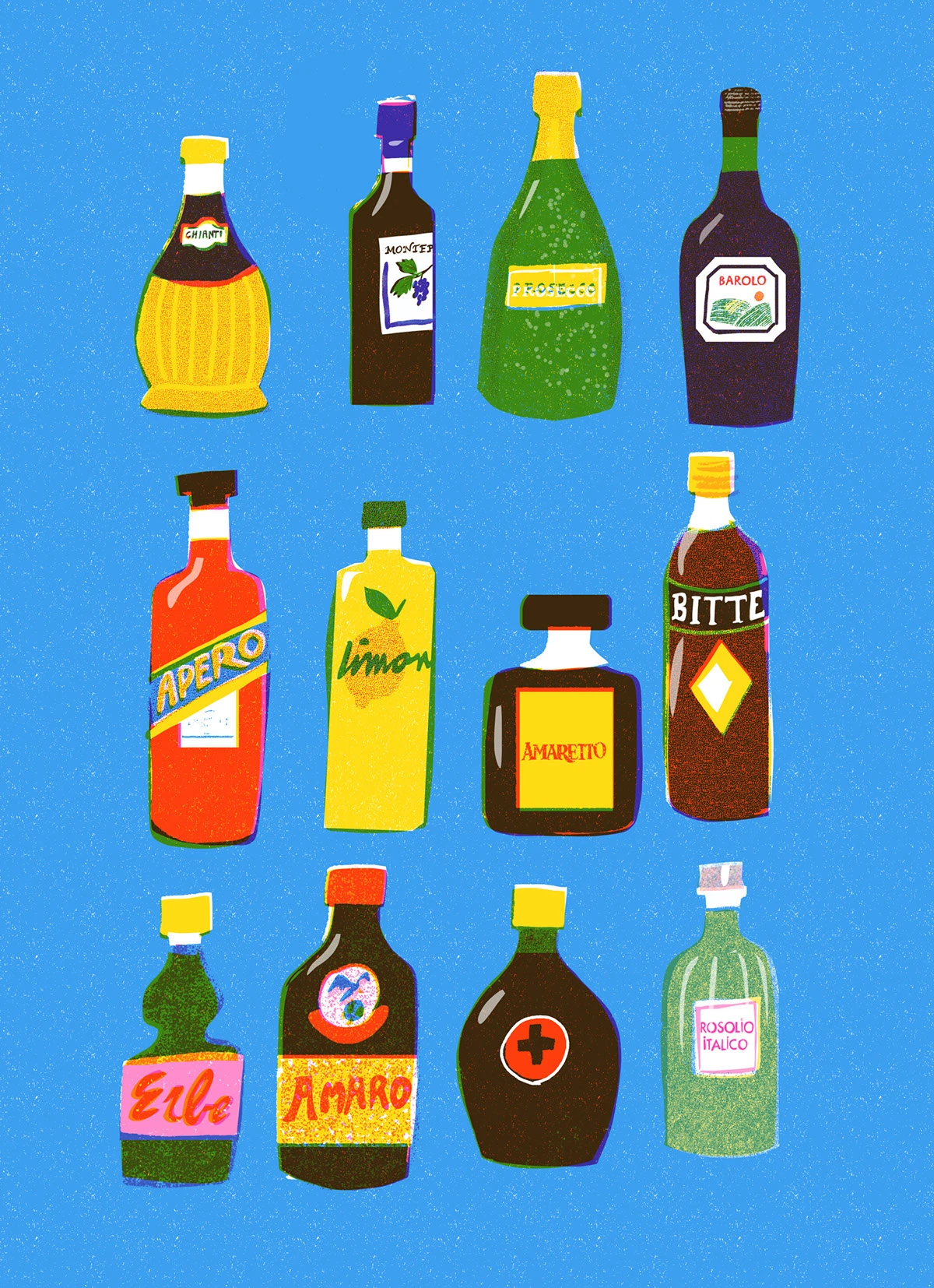 Italian food risograph ILLUSTRATION  italian illustrator Limited Color Palette retro illustration style vintage postcard Retro food illustration Digital Art 